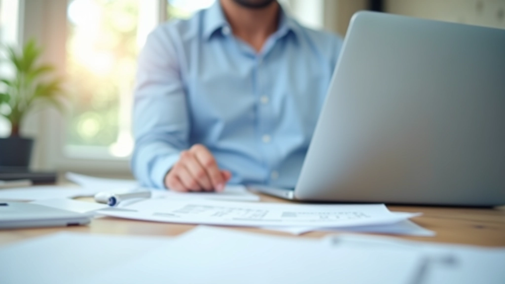 Person working at desk with organized invoice documents and computer screen showing classification system