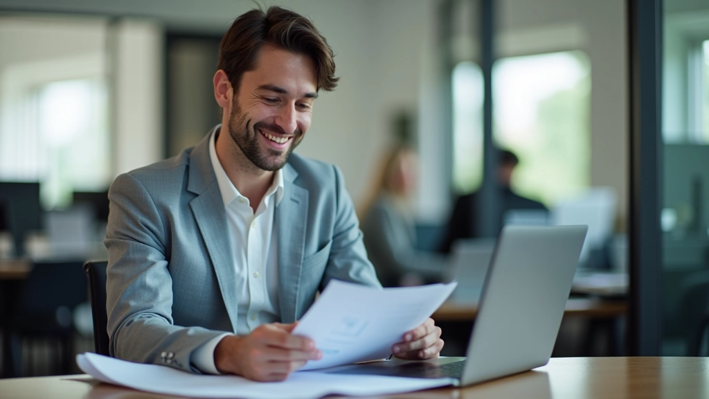 Satisfied professional reviewing accurate financial reports on computer screen