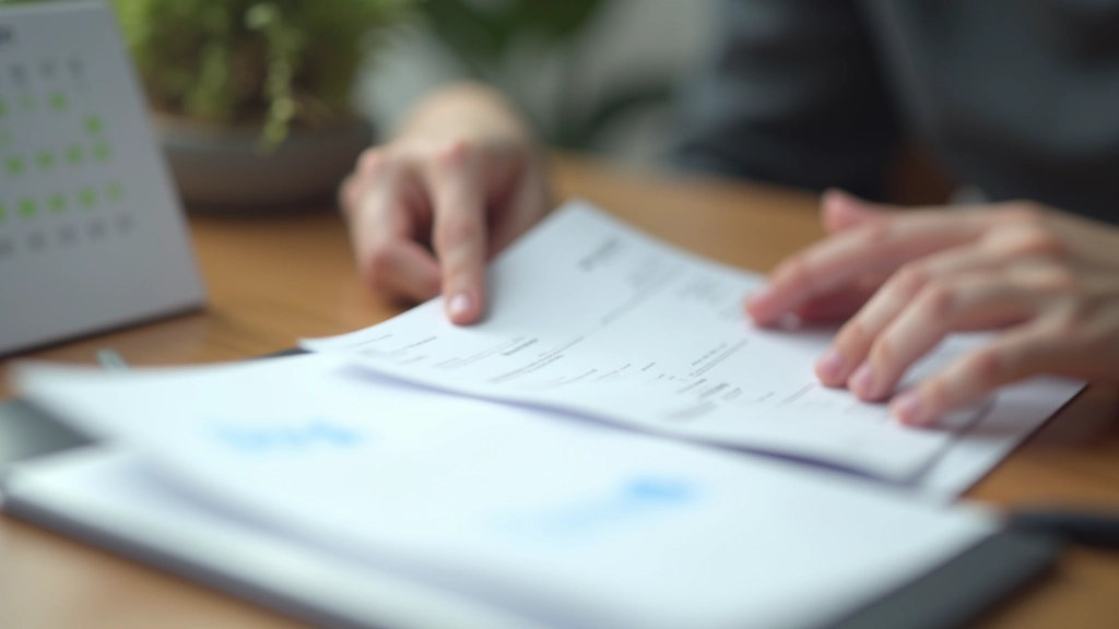 Close-up of hands sorting and organizing paper documents on desk with calendar visible