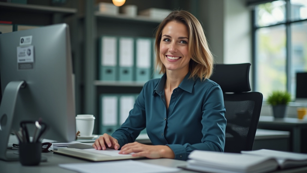 Accountant working at organized desk with color-coded filing system and document folders